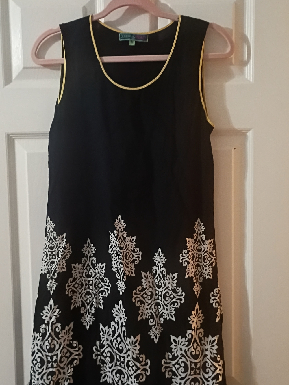 Black Sleeveless Mini Dress with White Damask Print and Gold Trim